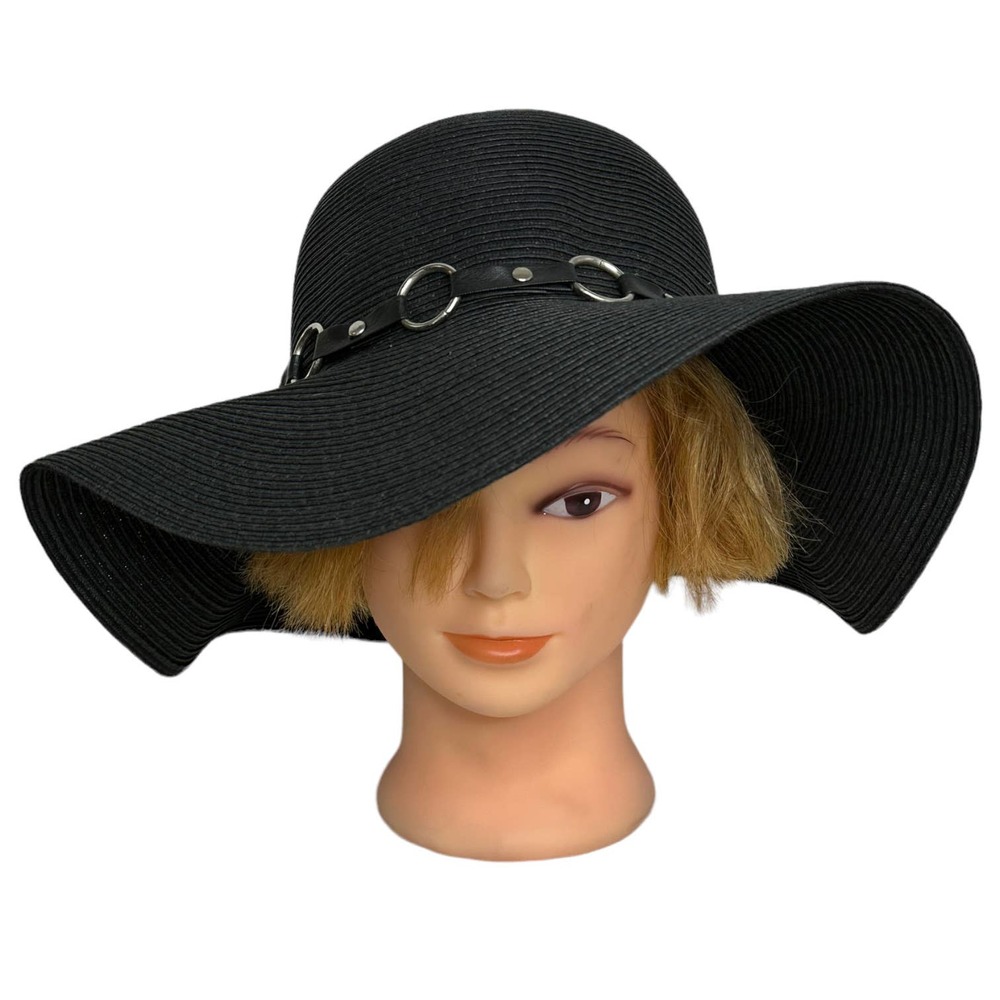 Black Straw Sun Hat Floppy Raffia Cute Silver Chain Great Sun Protection #B07